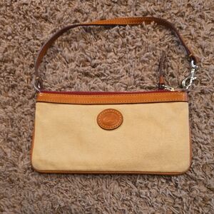 Dooney & Bourke Beige Canvas Wristlet with Tan Leather Trim